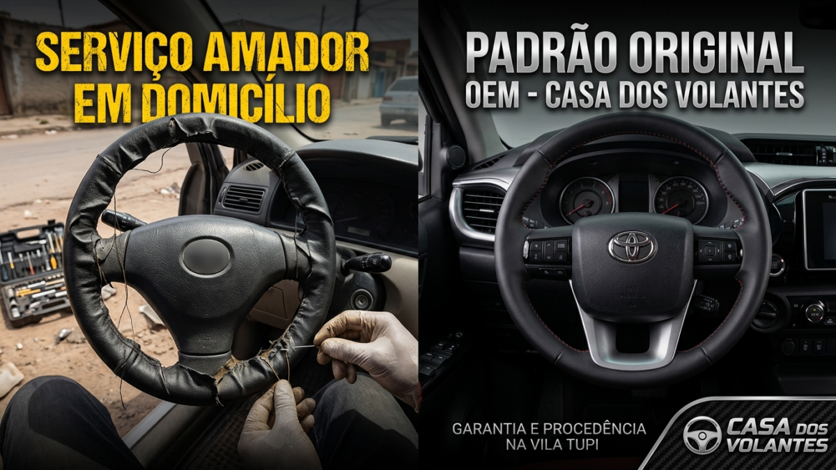 Revestimento de volante amador em domicílio vs padrão original OEM Casa dos Volantes Vila Tupi Praia Grande - Risco para seu veículo