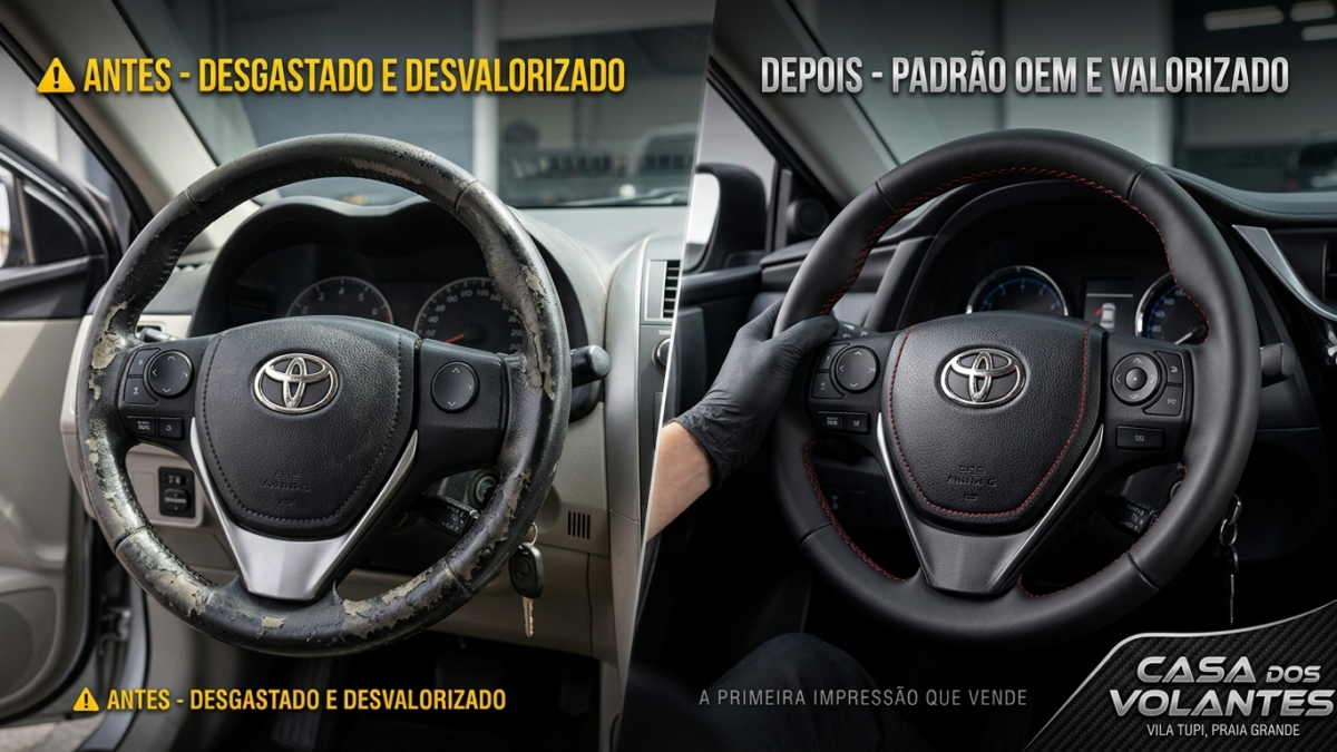 Interior de carro valorizado com revestimento de volante novo em couro na Casa dos Volantes Vila Tupi Praia Grande - Padrão Original OEM