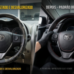 Interior de carro valorizado com revestimento de volante novo em couro na Casa dos Volantes Vila Tupi Praia Grande - Padrão Original OEM