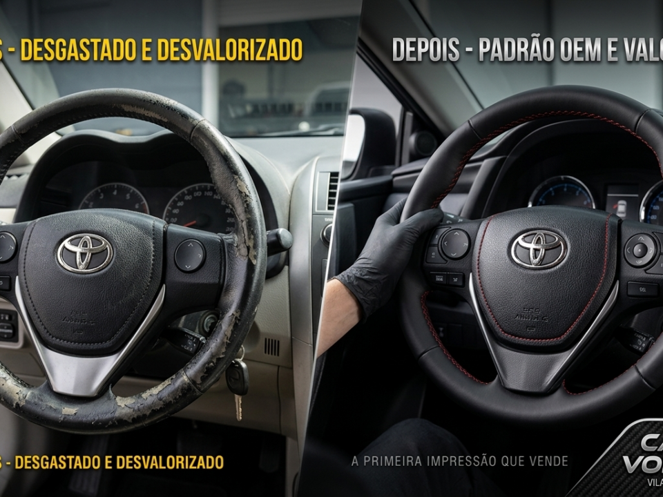Interior de carro valorizado com revestimento de volante novo em couro na Casa dos Volantes Vila Tupi Praia Grande - Padrão Original OEM